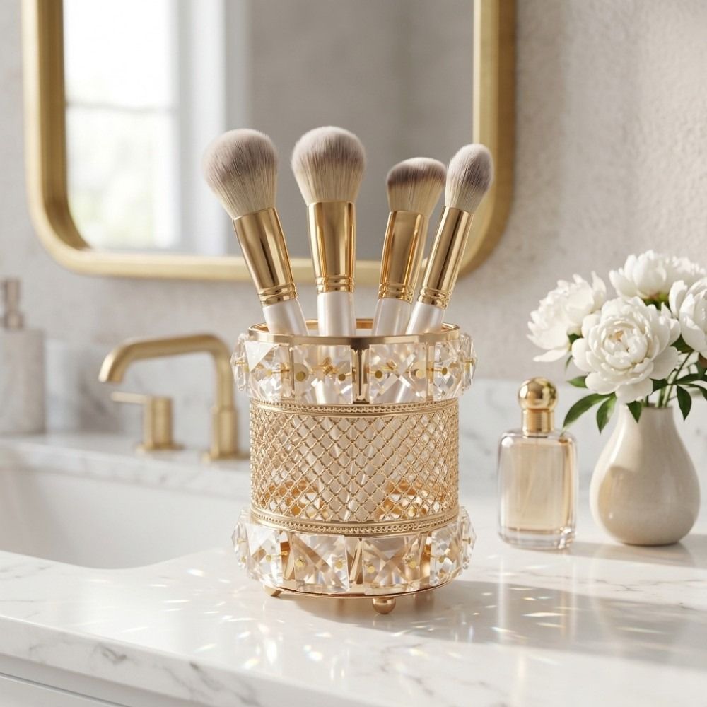 Luxury Skincare And Makeup Brands - ที่ใส่แปรงแต่งหน้าสีทอง กล่องเก็บเครื่องสำอางคริสตัลหรูหรา ที่ใส่ปากกาสุดหรู กล่องเก็บเครื่องสำอางแบบมีประกาย สำหรับวางบนเคาน์เตอร์ห้องน้ำ